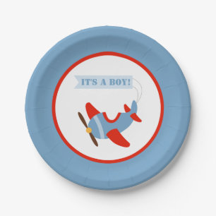 Plato De Papel Muchacho azul rojo Baby Shower del aeroplano