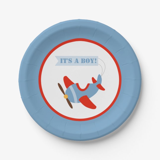 Plato De Papel Muchacho azul rojo Baby Shower del aeroplano (Anverso)