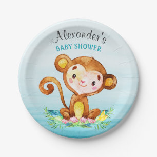 Plato De Papel Muchacho Baby Shower del mono de la acuarela