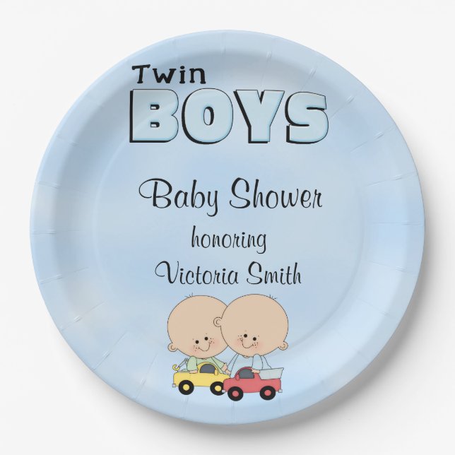Plato De Papel Muchachos gemelos de Baby Shower (Anverso)