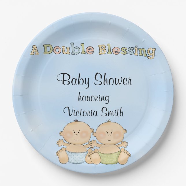 Plato De Papel Muchachos gemelos de Baby Shower (Anverso)