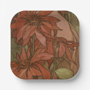 Plato De Papel Mucho Patrón Floral de Poinsettia Roja Art Nouveau