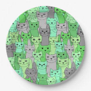 Plato De Papel Muchos diseños de gatos verdes