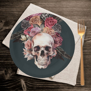 Plato De Papel Muerte floral negra, cumpleaños gótico