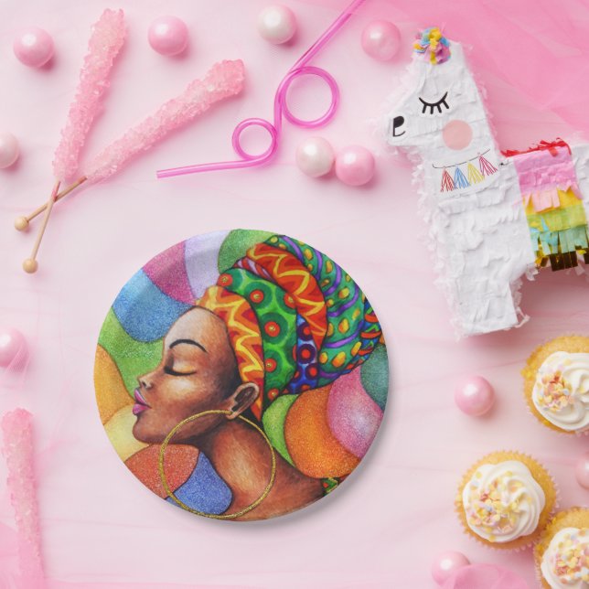 Plato De Papel Mujer africana con tejidos tradicionales de cera (Fiesta)