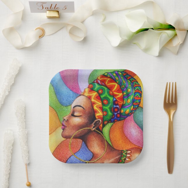 Plato De Papel Mujer africana con tejidos tradicionales de cera (Boda)