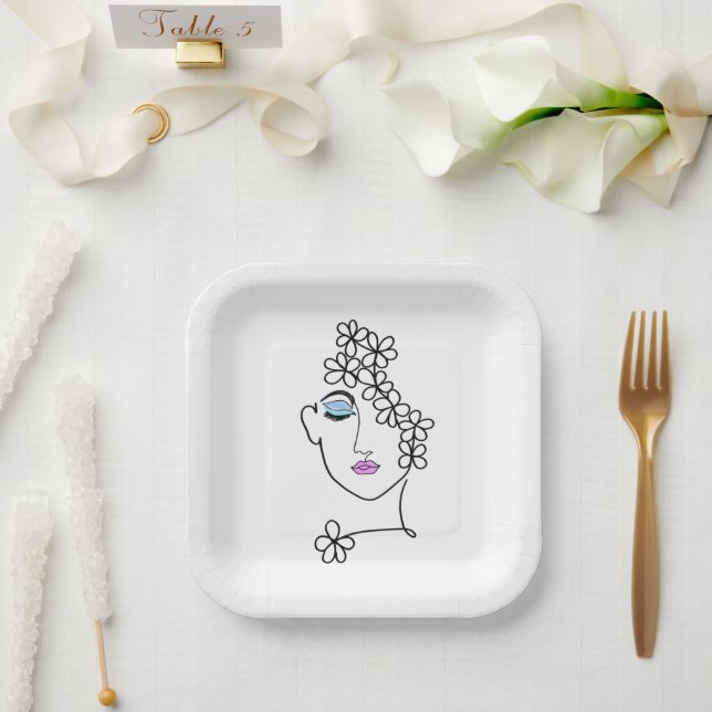 Plato De Papel Mujer con arte de línea de flores (Boda)