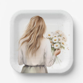 Plato De Papel Mujer Con Daisy Bouquet