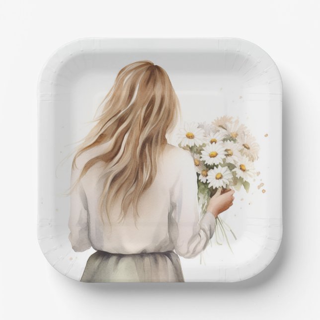 Plato De Papel Mujer Con Daisy Bouquet (Anverso)