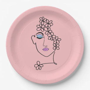 Plato De Papel Mujer Con Flores Línea De Arte Rosa