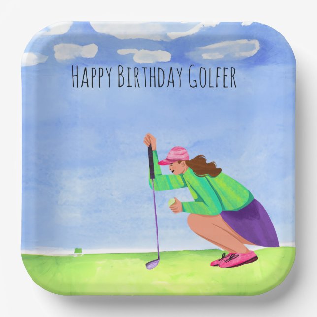 Plato De Papel Mujer de golf jugando golf Jugador de cumpleaños (Anverso)