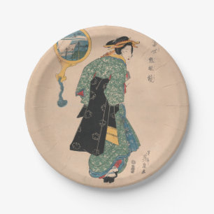 Plato De Papel Mujer de kimono japonés antiguo Ukiyo-e grabado en