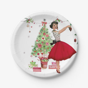 Plato De Papel Mujer de Navidad de 1950 con árbol de Navidad