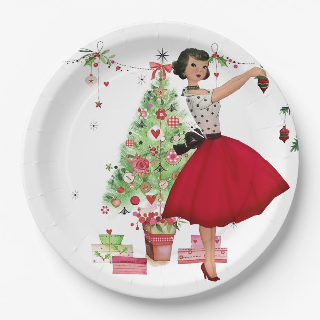 Plato De Papel Mujer de Navidad de 1950 con árbol de Navidad (Anverso)