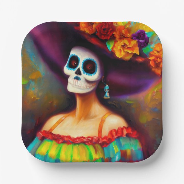 Plato De Papel Mujer del Día de Muertos 4 (Anverso)