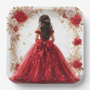 Plato De Papel Mujer elegante con un vestido rojo rodeada de rosa