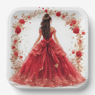 Plato De Papel Mujer elegante con un vestido rojo rodeada de rosa