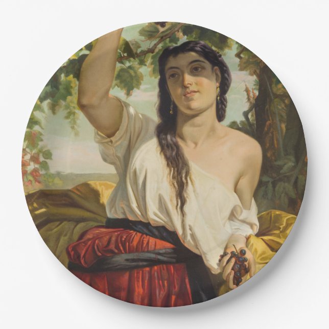 Plato De Papel Mujer italiana recogiendo uvas (cosecha de verano) (Anverso)