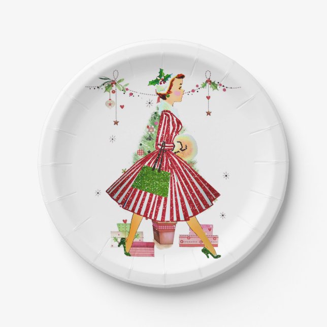 Plato De Papel Mujer Navidad de 1950 con árbol de Navidad (Anverso)