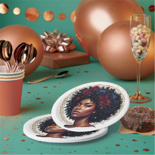 Plato De Papel Mujer Negra Floral Oscuro Afro