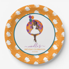 Plato De Papel Mujer negra, globos de cumpleaños y flores, Naranj