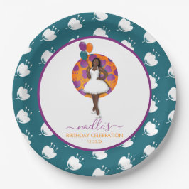 Plato De Papel Mujer negra, globos de cumpleaños y flores Verde a