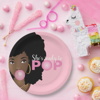 Plato De Papel Mujer negra, lista para pop, bblegum, rosa