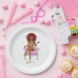 Plato De Papel Mujer negra rosa y dorada