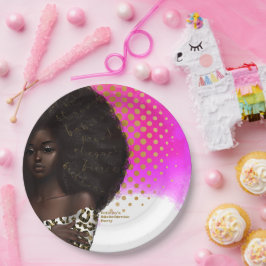 Plato De Papel Mujer negra rosa y dorada