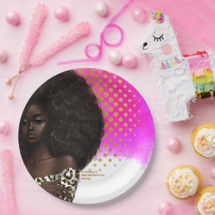 Plato De Papel Mujer negra rosa y dorada