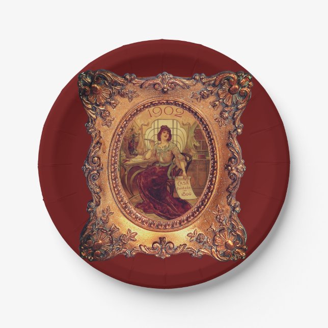 Plato De Papel Mujer victoriana elegante marco victoriano dorado  (Anverso)