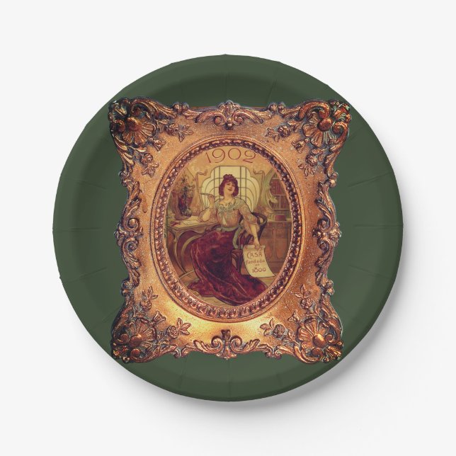 Plato De Papel Mujer victoriana elegante marco victoriano oro ver (Anverso)