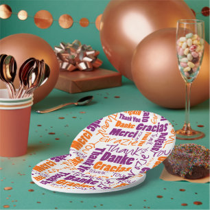Plato De Papel Multilingües púrpuras y anaranjados le agradecen