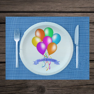 Plato De Papel Múltiples globos de colores brillantes Feliz cumpl