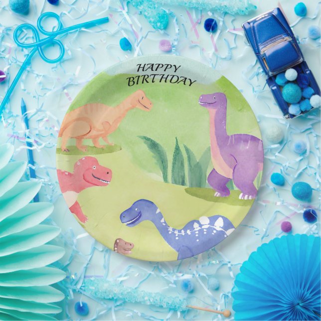 Plato De Papel Mundo de dinosaurios feliz cumpleaños turquesa (Fiesta)