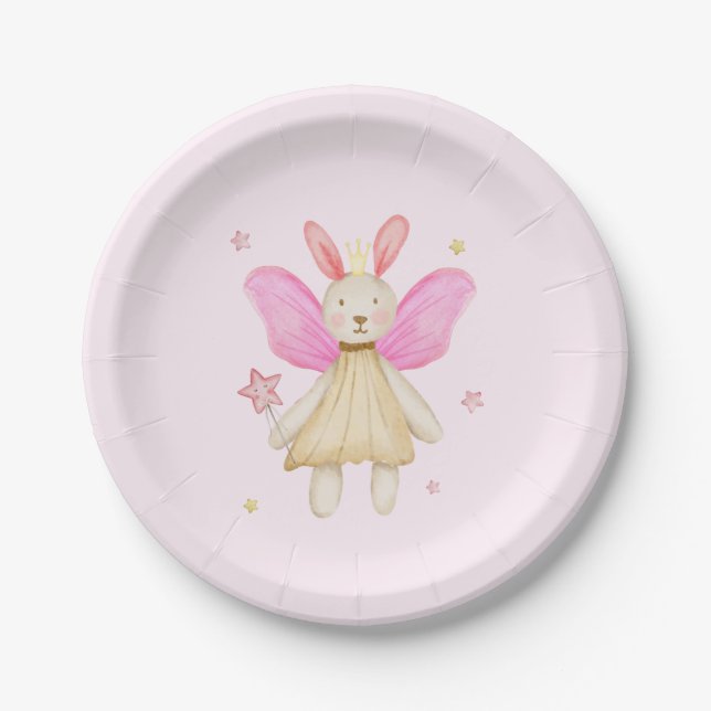 Plato De Papel Muñeca Conejo Princesa Hadas Alas Acuarela  (Anverso)