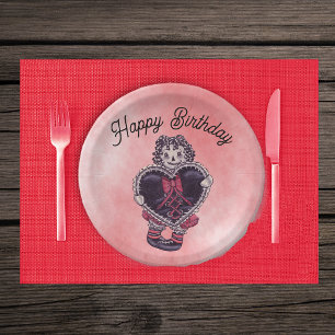 Plato De Papel Muñeca de trapo gótica Cumpleaños lazo rojo Corazó