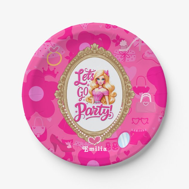 Plato De Papel Muñeca Girly rosa Retro Vamos Fiesta Cumpleaños (Anverso)