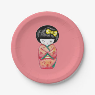 Plato De Papel Muñeca Kokeshi - Chica Kimono Geisha