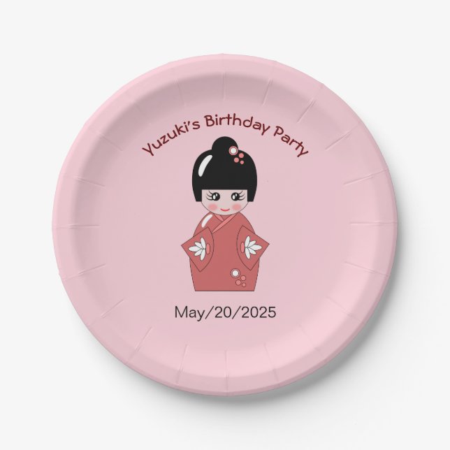 Plato De Papel Muñeca Kokeshi - cumpleaños personalizado (Anverso)