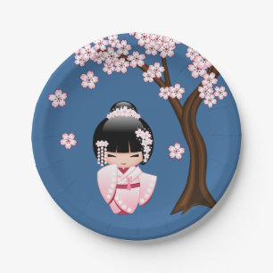 Plato De Papel Muñeca Kokeshi de Kimono Rosa sobre Azul