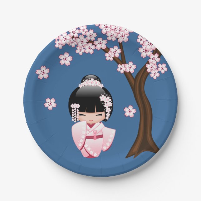 Plato De Papel Muñeca Kokeshi de Kimono Rosa sobre Azul (Anverso)