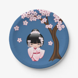 Plato De Papel Muñeca Kokeshi kimono blanca - Chica Geisha lindo