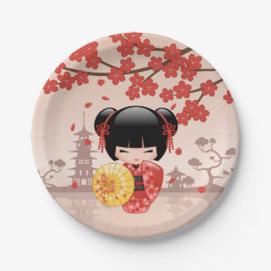 Plato De Papel Muñeca roja de Sakura Kokeshi - geisha japonés