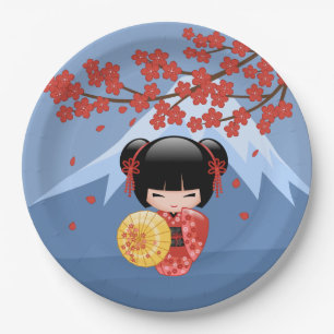 Plato De Papel Muñeca roja Sakura Kokeshi - Chica cute Geisha