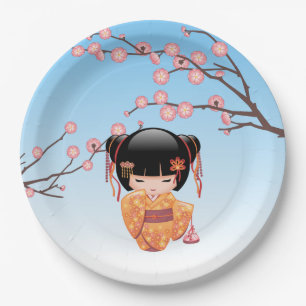 Plato De Papel Muñeca Ume Kokeshi - Azul Chica Geisha japonés