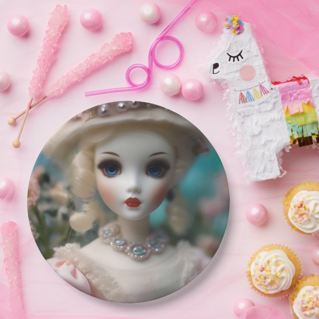 Plato De Papel Muñeca Vintage con ojos azules, (Fiesta)