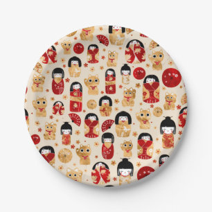 Plato De Papel Muñecas japonesas - Gatos Kokeshi y Maneki Neko