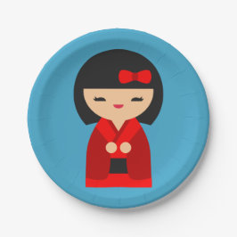 Plato De Papel Muñecas japonesas kokeshi, naranja lindo