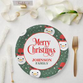 Plato De Papel Muñeco de Navidad de Nieve Verde y Rojo